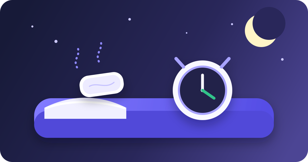 A moon and bedside clock beside a nicotine pouch on a dark purple background