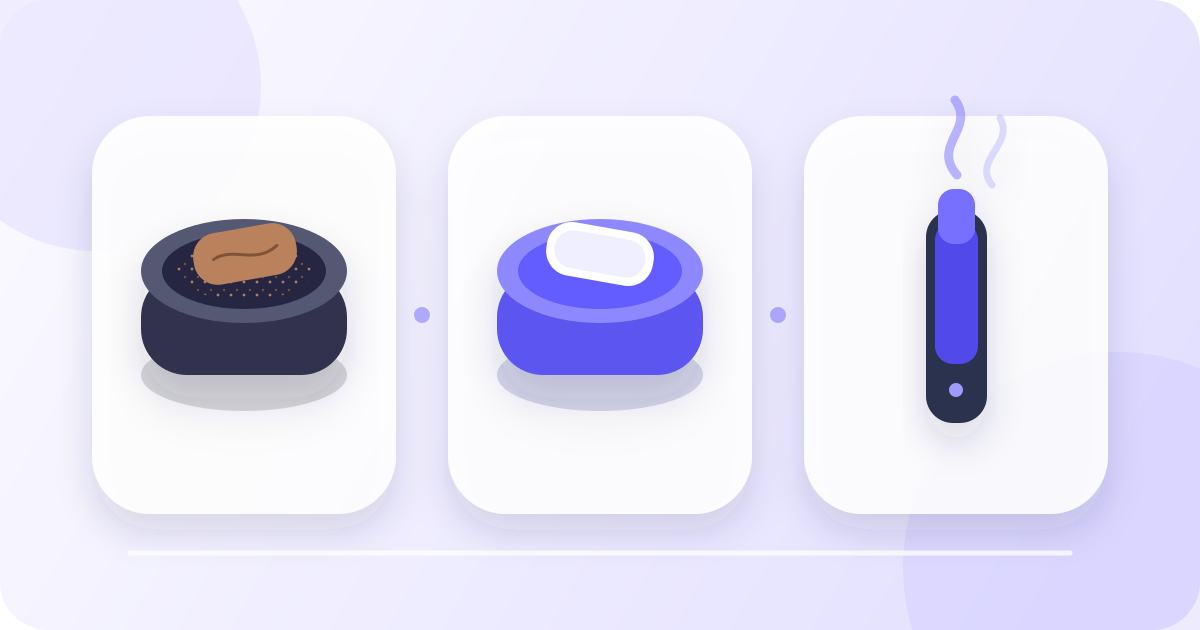 Three simple panels showing snus, a nicotine pouch can and a vape device